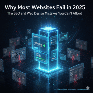 A futuristic digital website dashboard with SEO analytics, speed optimization graphs, and web design elements glowing in 2025 theme.