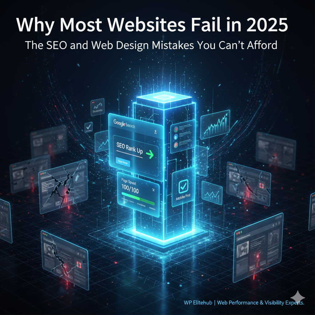 A futuristic digital website dashboard with SEO analytics, speed optimization graphs, and web design elements glowing in 2025 theme.